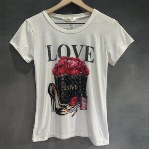 Step NY Womens White T-Shirt Size Small Love‎ Rhinestone Crew Neck Short Sleeve